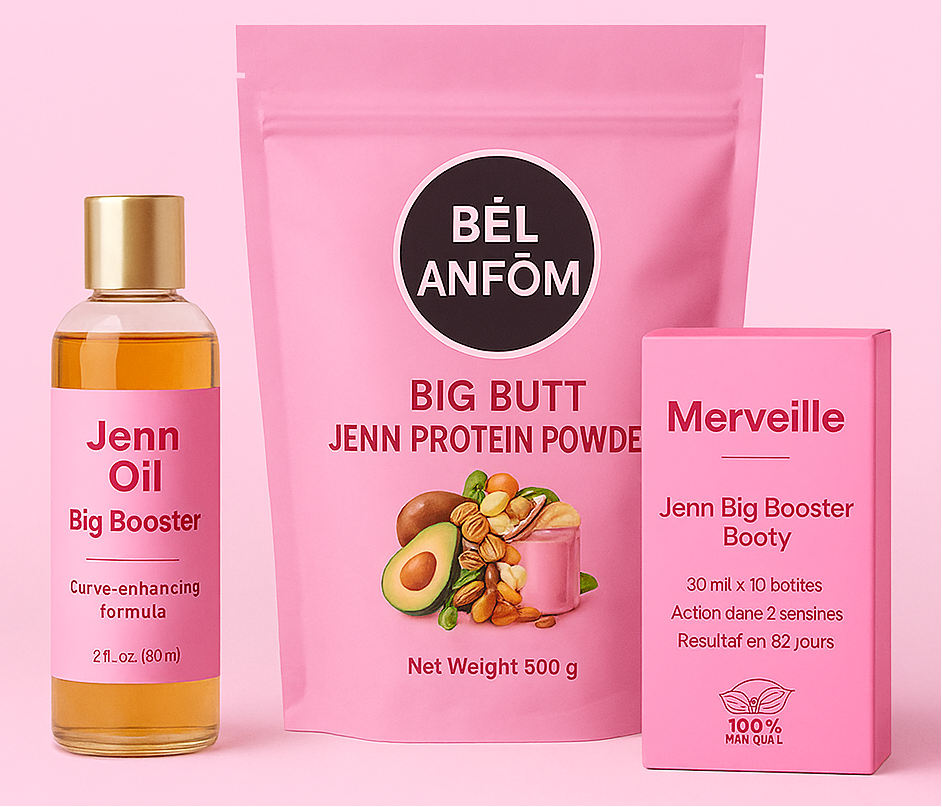Jenn Oil, Jenn Protein Powder, and Merveille products on a pink background